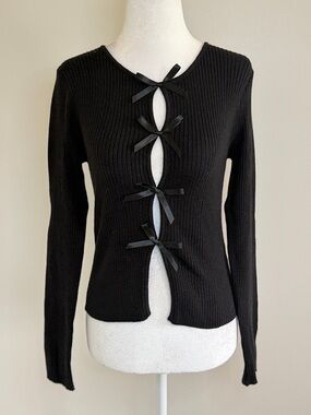 New! Altar'd State Black Ribbon-Bow Ribbed Cardigan size Xs